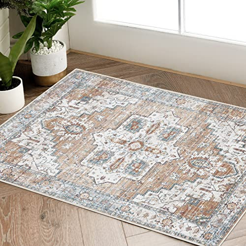 TOPICK Fußmatte 60x90cm Eingang Böhmische Antirutsch Waschbare Fussmatte Innen Kurzflor Orientalische Blumendruck Klein Teppich für Schlafzimmer Küche Badezimmer Esszimmer Orange/Blau