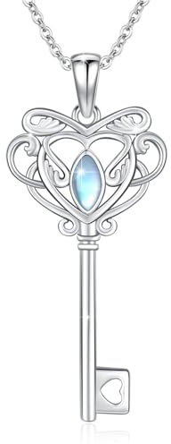 ABIGY Collier clé pierre de lune pour femme - Pendentif en argent 925 - Collier porte-bonheur pour femme et amis, Argent sterling