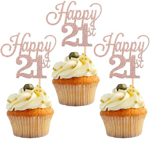 24 Pack Happy 21st Cupcake Toppers Glitter Number 21 Twenty One Cupcake Picks Decorations for 21st Birthday Wedding Anniversary Party Supplies Rose Gold