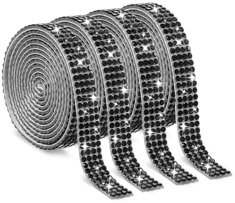 Telooco 4 Rollen Selbstklebendes Strassband Strasssteine Selbstklebend Glitzer Kristall Glitzerband Aufkleber Verpackungsrollen für DIY Handwerk Kleidung Spiegel (4 Reihen à 1 Yard, Schwarz)