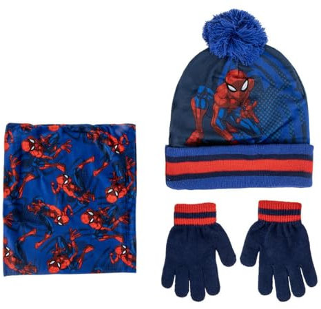 SPIDER-MAN Marvel - Set di 3 guanti e cappello invernale per bambini, con pompon, rosso, blu navy, blu, 2-8 Years
