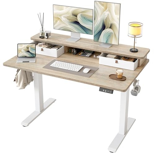 TIQLAB 48 * 24 inch Standing Desk with Two Drawers&Top Shelf, Maple