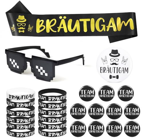 Oerphh 26 Stück JGA Bräutigam Party Set – Schärpe, 12 Abzeichen, 12 Armbänder & Pixel-Brille – JGA Deko Accessoires für Junggesellenabschied, Hochzeit, Verlobung, Foto Requisiten
