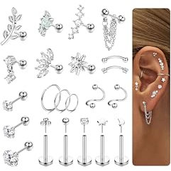 Krfy 22Stück Tragus Piercing Ohr Set 316L Chirurgenstahl Ohrringe Creolen Damen Set Fadenlos Flat Piercings Ohrstecker Hypoallergen Conch Daith Helix Piercing Ohr Schmuck Silber