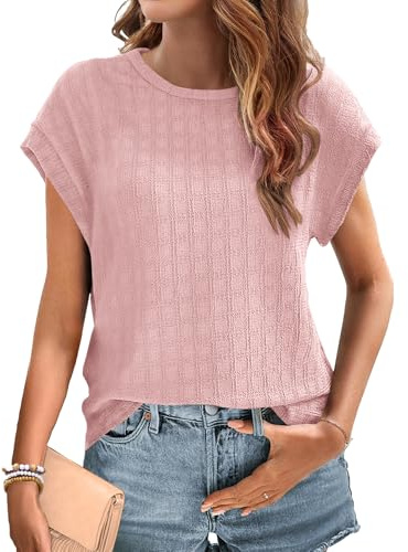 WNEEDU Maglietta Donna Girocollo T Shirt Manica Corta Elegante Base Top Estivi Casual Tinta Unita Moda Magliette Rosa Chiaro XXL