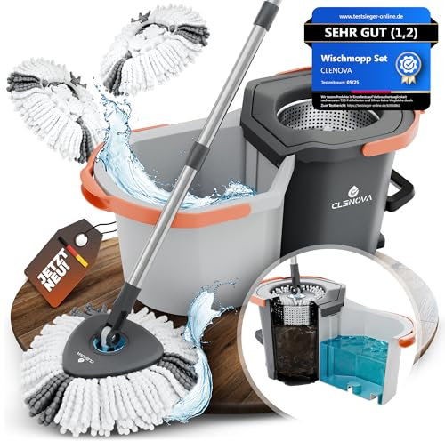 CLENOVA® Wischmopp Set mit Eimer [Schmutzwasser Trennung] Bodenwischer mit Pedal-Auswringfunktion & 2 Mikrofaserbezügen – Mop Set für alle Bodenarten