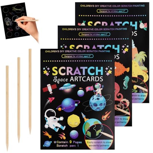 Set di 3 Scratch Art con 3 Matite in Legno, 18.5 x 13.5 cm Magic Scratch Book, Dinosauro, Spazio, Oceani Scratch Paper, Fogli Neri da Grattare Bambini, Regali per Ragazzi e Ragazze