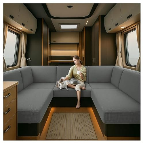 Bezüge Für Wohnwagenpolster Jacquard, rutschfeste Wohnmobil Sitzbezüge Mit 2 Cord, Sofa Sitzkissenbezug Für RV Esstischsitzbezüge Anhänger Überzügen Sofakissen (Gray,W 145-185 cm, D 45-65 cm)