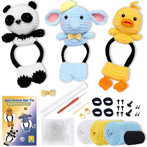 Häckel Kit für Anfänger, 3 Pcs Tiere Häkelset für Anfänger Kinder DIY Geflochtene Haarschnur Crochet Set mit Garn Anleitung Häkelnadel-Set Häkeltiere Häkel set für Beginners Erwachsene, 1 Stück