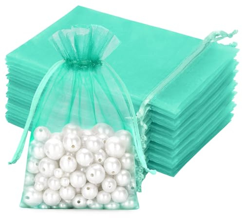 jijAcraft Teal Organza Gift Bags: 13x18cm Organza Drawstring Pouches, 50Pcs Garden Plant Protect Mesh Bags, Party Sweet Pouches for Wedding, Birthday, Christmas, Gift Wrapping