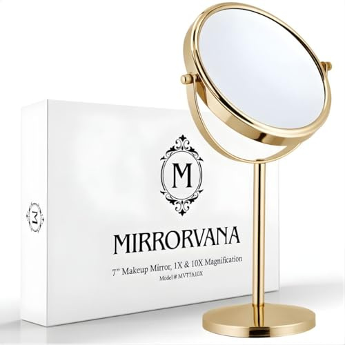 MIRRORVANA 10X/1X Magnifying Makeup Mirror on Stand, 35cm x 18cm (Gold) | Free Standing Desk & Table Mirror for Bedroom & Bathroom, Double Sided 10X/1X Magnification for Precise Makeup & Grooming