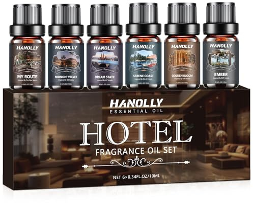 Hanolly Hotel Ätherische Öle Set – 6 x 10 ml Luxus Hotel Aroma Öl Aromatherapie Duftöle für Diffuser, Kerzenherstellung- Mein Weg, Serene Küste, Mitternachtssamt, Goldene Blüte, Träume Weiter, Glut