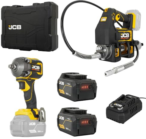 JCB Pro 18V with 1/2 Impact Wrench 620Nm + Cordless Grease Gun, 2× 5.0Ah Batteries & 4.5A Fast Charger, Supplied in Soft Tool Bag