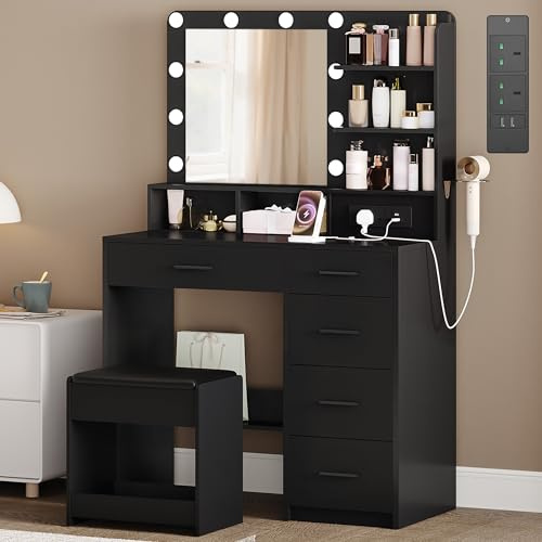 Hzuaneri Dressing Table with Stool, Plug and Mirror, LED Adjustable, Black | Vanity Table with Hairdryer Holder, 6 Open Storage Areas, Adjustable Lighting Brightness, 90 cm Desktop, DT39006X