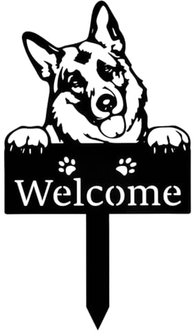 13.7 In Metal German Shepherd Welcome Sign Thicken Garden Stake Waterproof Rustproof Dog Silhouette Welcome Plaque Decorative Outdoor Yard Sign for Garden, Patio & Lawn, Cute Puppy Welcome Decor Gift