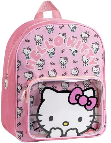 The Geeky Pop Sac à Dos Hello Kitty & Kuromi Enfant avec Poche Transparente – Sac Maternelle Fille Léger – Bretelles Réglables – Sac Scolaire Kawaii pour École, Crèche et Loisirs (Rose)