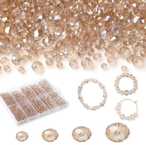 QINJIEJIE 1000 Pcs Silver Champagne Glass Beads, 4 Sizes (4mm 6mm 8mm 10mm), AB Color Glass Beads for Blacelet Jewellery Making DIY Crafts, Necklace Bracelets Kit for Girls Adults