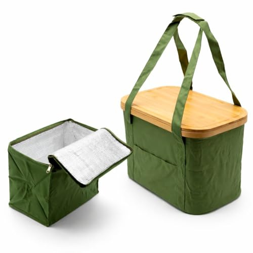 BigDean 24 Liter Picknicktasche herausnehmbarer Kühltasche und Deckel grün | 2-in-1 faltbarer Picknickkorb mit isolierter Innentasche & Bambusdeckel, für Einkauf, Camping, Strand und Auto