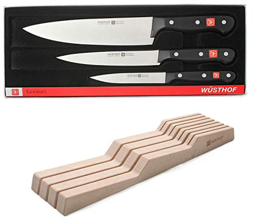 Wüsthof TR9675-8 - Juego de 3 cuchillos de cocina Gourmet (oficio, Chef y pan) y bandeja para cuchillos de madera