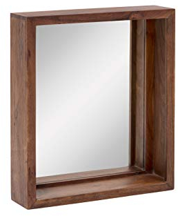 Woodkings® Bad Spiegel Sydney Holz Rahmen Badspiegel mit Ablage Wandspiegel Badmöbel Badezimmermöbel Schminkspiegel (Akazie dunkel, 56x65)