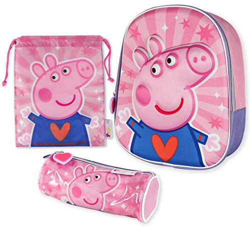 Kindergartenrucksack Mädchen 3D, Turnbeutel und Stiftebox - Peppa Pig | Schulrucksack Mädchen und Jungen, Rucksack Kinder, Rucksack Kindergarten Set, Kinderrucksack Kita Kleinkind | Schulanfang Peppa