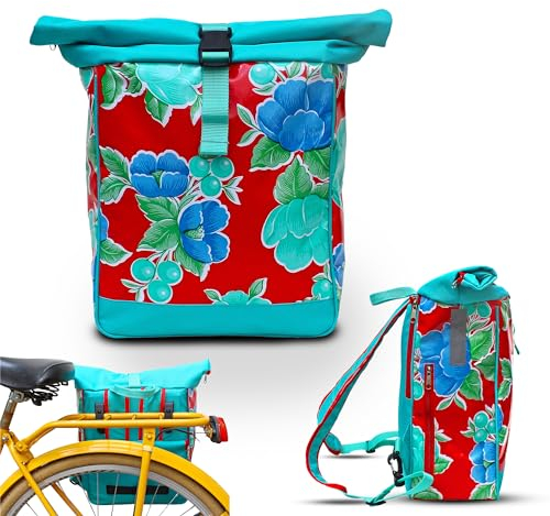 Ikuri Fahrradtasche/Rucksack Kombi Fahrradrucksack aus Wachstuch für Gepäckträger Packtasche Wasserdicht für Frauen - Model Capullo
