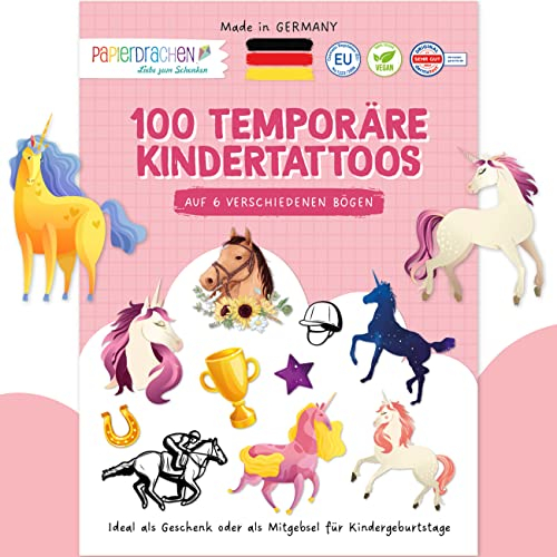 Papierdrachen 100 besonders hautfreundliche Tattoos für Mädchen - Kindertattoos mit Pferde - kindgerechte Designs - als Geburtstagsmitgebsel oder Geschenkidee - 100% vegan & geprüft