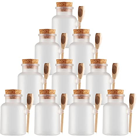 TIANZD 10 Pièces 500ml Mat Transparent Plastique Pots de Sel de Bain Vides avec Bouchon en Liège et Cuillère en Bois Cosmétique Bouteille pour à Décoration Contenants de Rangement de Cuisine