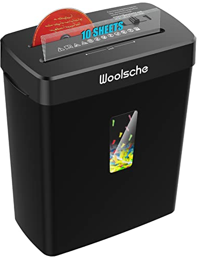 woolsche Paper Shredder, 10-Sheet Cross Cut with 3.43-Gallon Basket, P-4 Security Level,3-Mode Design Shred CD and Credit Card, Durable&Fast with Jam Proof System for Home Office (ETL), Black