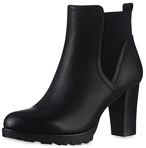 VAN HILL Gefütterte Chelsea Boots Damen Block Absatz Stiefeletten 185731 Schwarz 36