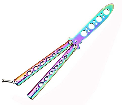 Lerkely Butterfly Knife with Unsharpened Blade, Martial Arts Trainer Bailisong Knife Sword, Rainbow Folding Butterfly Finger Knife Trainer, Titanium Butterfly Knife for Practicing Flipping Tricks
