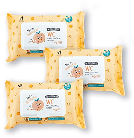 Lot de 3 paquets de 60 feuilles de papier toilette humide - Pêche - Taille XL - Jetables et biodégradables The Fruit Company