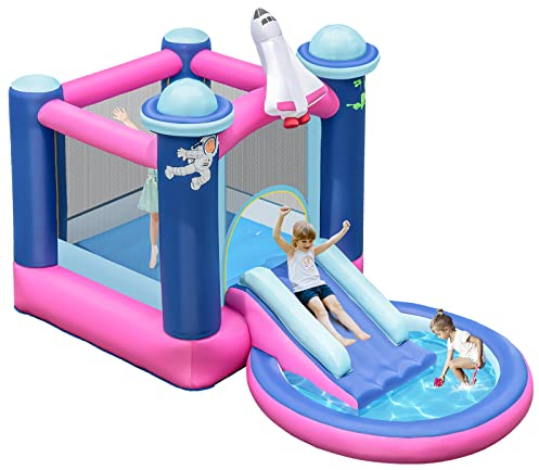 DREAMADE Weltraum Hüpfburg Aufblasbar mit Rutsche, 207 x 393 x 270 cm, Indoor & Outdoor Springburg für Kinder 3-10 Jahre, Spielburg mit Bällebad (ohne Gebläse)