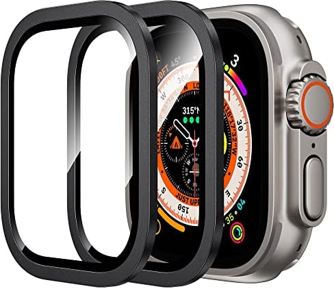 WSKEN Protector de pantalla para Apple Watch Ultra de 49 mm, vidrio templado 9H + marco de aleación de titanio, [mantiene el original] [sensible al tacto]， color negro