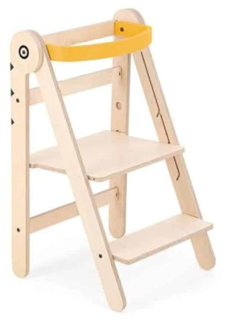 Mamatoyz - 08FBIRD Fold Yellow Montessori-Lernturm, Faltbarer Mehrzweck-Lernturm aus natürlichem Birkensperrholz mit 3 einstellbaren Höhen