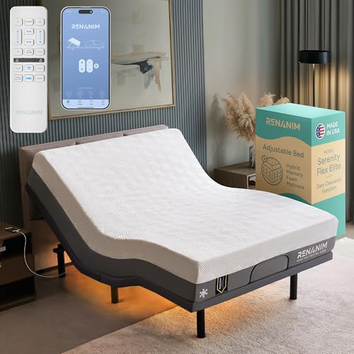 Renanim SFE Full Electric Adjustable Bed Frame with 14 Hybrid Memory Foam Mattress - Adjustable Mattress Base with Zero Clearance, Electric Massage, USB, UnderBed Light & Wireless Remote