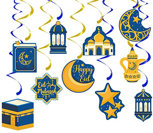 20Pcs Ramadan Eid Mubarak Decorations,Ramadan Hanging Swirls Shining Blue Gold Star Moon Lantern Ceiling Foil Eid Mubarak Hanging Decoration for Kareem,Muslim Islamic Festival,Eid Al-fitr Party