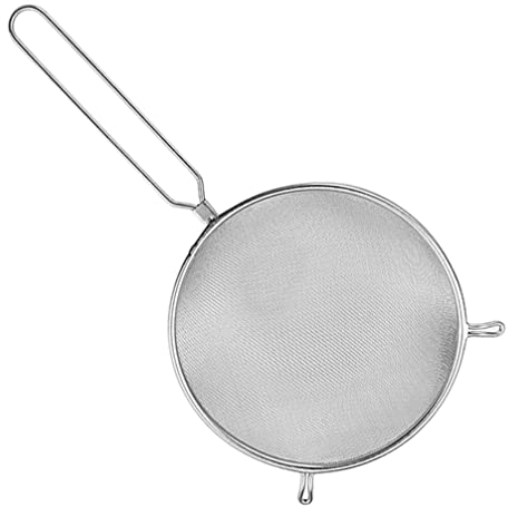 - Colador de malla fina con mango de acero inoxidable de 10 pulgadas, espumadora de grasa, colador de aceite de cocina, colador de harina, de grasa, colador de doble oreja