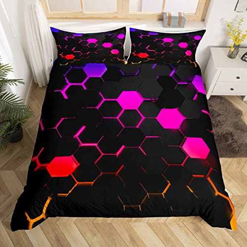 Manfei Honeycomb Kinder Bettwäsche Set S Größe,3D Rot Neon Licht Hexagon Bettbezug Set Jungen Mädchen Mode Gaming Tröster Abdeckung Teens Moderne Geometrie Quilt Cover mit 1 Kissenbezug,Schwarz