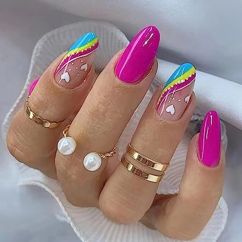 24pcs Short Oval Rainbow Colored Stick-on Nails - White Heart Press-on Removable Glue-on Fake Nails for Women Girls - Nail Art Accessories