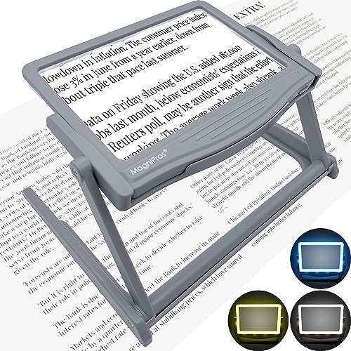 MagniPros 5X Large LED Full Page Magnifying Glass with Collapsible Hands-Free Stand & 3 Stepless Color Modes to Reduce Eye Strain, Ideal for Reading Small Prints, Crafting, Low Vision & Seniors