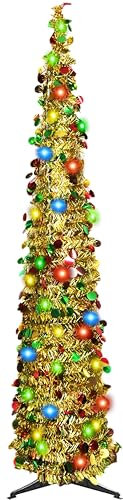 WINOK 5 FT Collapsible Artificial Christmas Tree, Collapsible Pop Up Christmas Tinsel Tree with 100 Color Lights, Tinsel Christmas Tree for Home Party Indoor Outdoor Xmas Decoration (Colorful Golden)