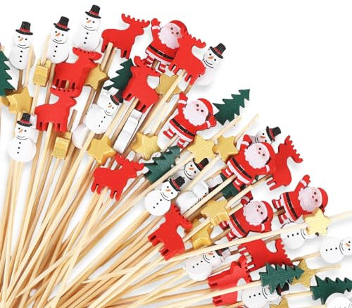 TSLBW 100 palitos de cóctel de Navidad, árbol de Navidad, muñeco de nieve, alce, palillos de cóctel de Navidad, palillos de cóctel de Navidad, palillos de frutas de cóctel de Navidad, para suministros