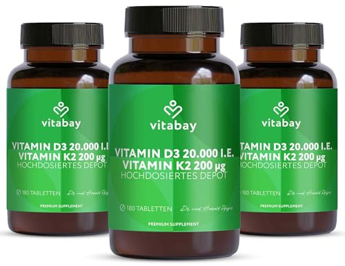 Vitabay Vitamin D3 + K2 Depot – 540 vegane Tabletten – hochdosiert | 20.000 IE Premium Vitamin D3 mit K2-MK7 All-Trans – ohne Zusätze – vegan & laborgeprüft in Deutschland – 3er Bundle