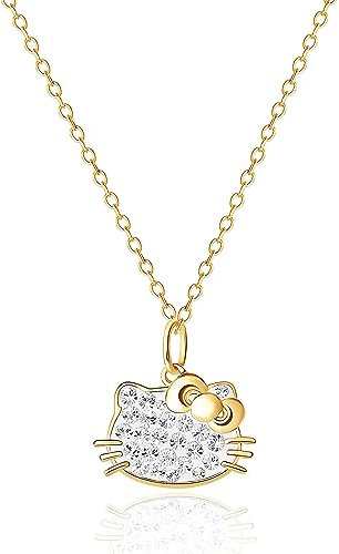 Hello Kitty Sanrio Damen-Halskette mit Anh nger, mit Kristallen, 18 kt vergoldet, Sterlingsilber, offizielles Lizenzprodukt, Sterling Silber, Kristall