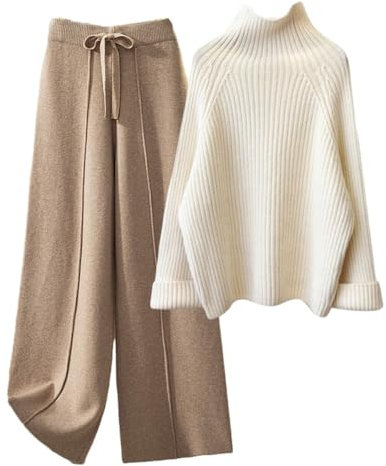 COSKTIARL Strick-Zweiteiler-Sets – Lässiger Weißer Rollkragen-Strickpullover Für Damen Und Strickhosen Mit Weitem Bein, Anzüge Für Damen, Homewear-Set, Loungewear, Wie Abgebildet, M