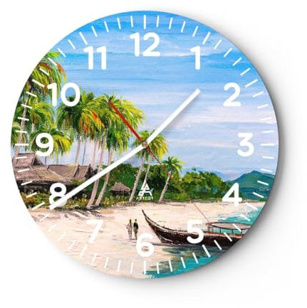 Modern Wanduhr Strand Exotik Palmen 40x40cm Rund Groß Wand Uhr Glas Analog Zimmeruhren Küche Büro Wohnzimmer Glasuhr Wall Clock Dekoration Design Wanddekoration Küchenuhr C4AR40x40-5516