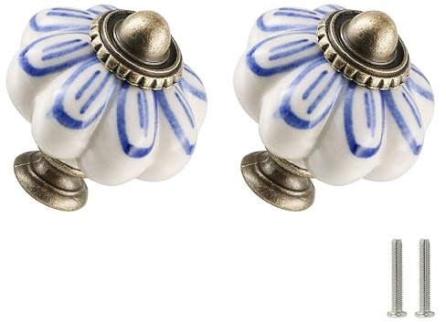 Zernmiarder Elfenbeinfarbene Kürbisknäufe aus Keramik, Vintage-Stil, Schubladengriffe – antike Kommodengriffe mit Schrauben – Blaues Blütenblatt