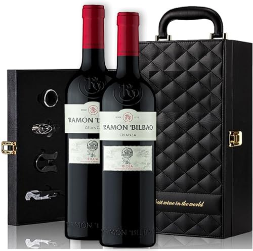Genérico Estuche Ramón Bilbao - Envío 24 h - Estuche de Vino Elegante para Regalo con Dos Botellas de Vino y Set de 4 Accesorios (Rioja, Ramon Bilbao Crianza) EST Cuero 2 RB CR