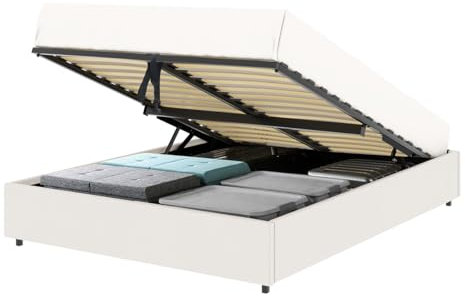 SENHO Lit Coffre Plateforme – Couchage 140x190 cm - PU Blanc - sommier Inclus - Lance